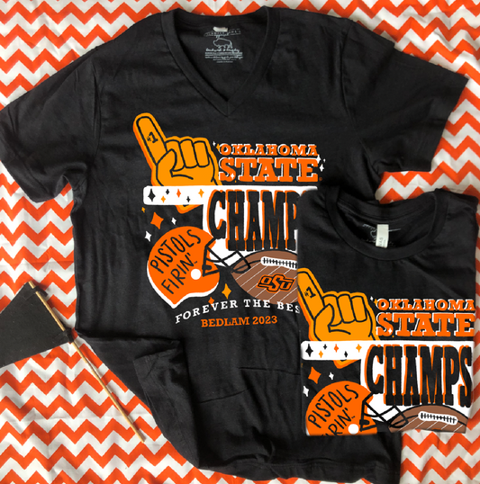 OK STATE: **Special Edition** 2023 BEDLAM CHAMPS (BELLA CANVAS VNECK or CREW NECK)