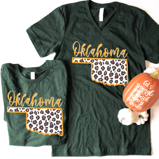 OKLAHOMA 2023: Emerald & Mustard Oklahoma Leopard (BELLA CANVAS CREW NECK OR VNECK)
