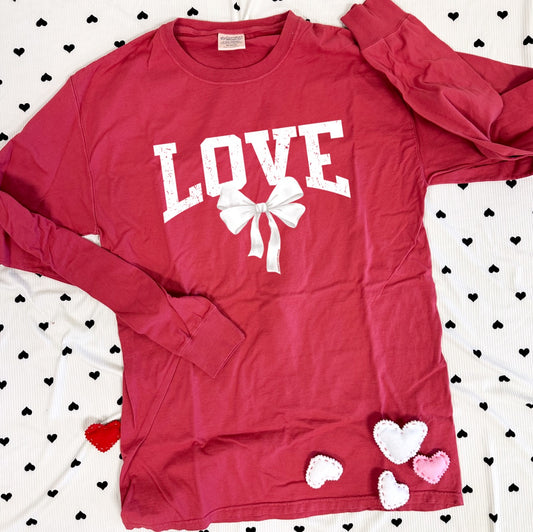 VALENTINE 2026: VALENTINE LOVE BOW (COMFORT WASH LONGSLEEVE - MULTIPLE COLOR OPTIONS)