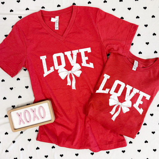 VALENTINE 2026: VALENTINE LOVE BOW (BELLA CANVAS VNECK or CREW NECK - MULTIPLE COLORS)