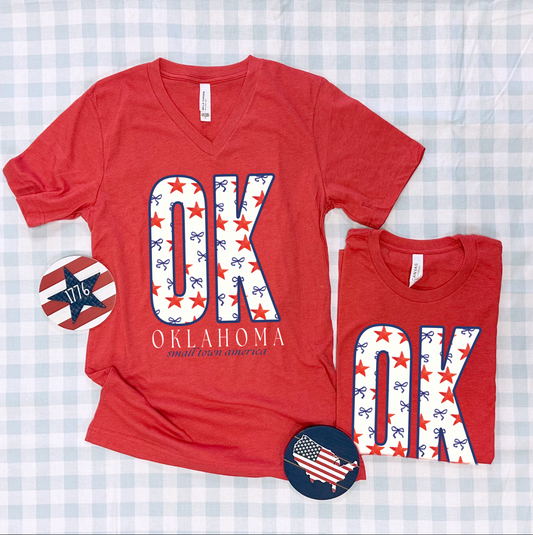AMERICAN SPIRIT 2025: OK, Small Town America Stars & Bows (BELLA CANVAS VNECK)