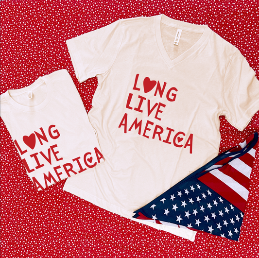AMERICAN SPIRIT 2026: Long Live America (BELLA CANVAS VNECK OR CREW NECK)