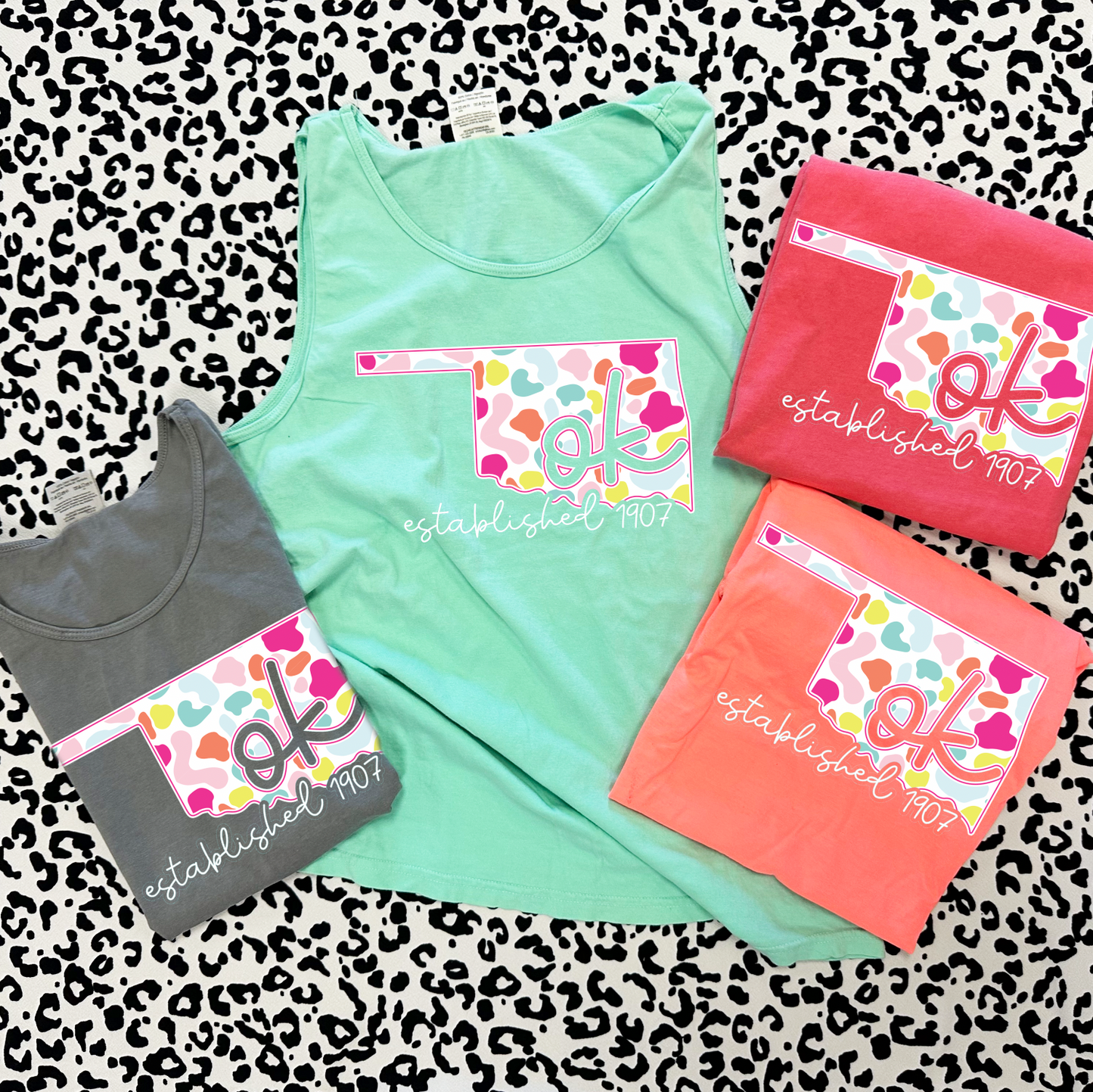 SWEET TEE TUESDAY: Oklahoma Bright Leopard State Shape (COMFORT COLORS TANK TOP)