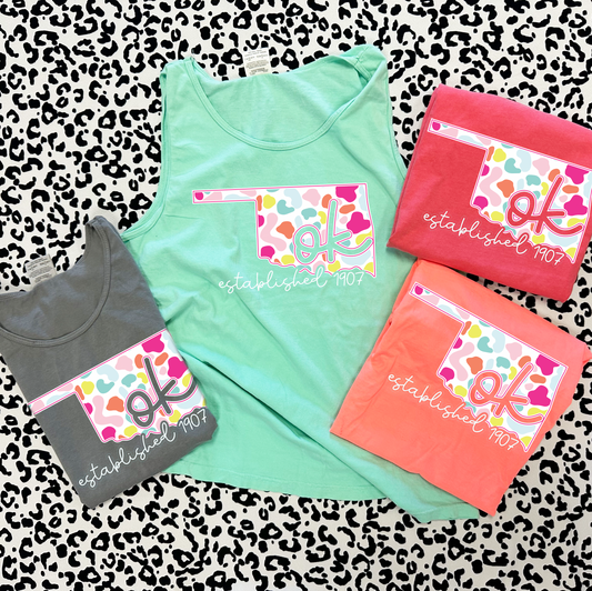 SWEET TEE TUESDAY: Oklahoma Bright Leopard State Shape (COMFORT COLORS TANK TOP)
