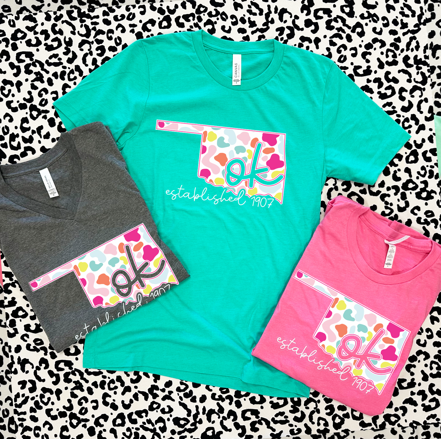 SWEET TEE TUESDAY: Oklahoma Bright Leopard State Shape (BELLA CANVAS VNECK or CREW NECK)