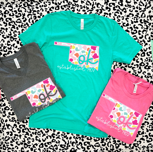 SWEET TEE TUESDAY: Oklahoma Bright Leopard State Shape (BELLA CANVAS VNECK or CREW NECK)