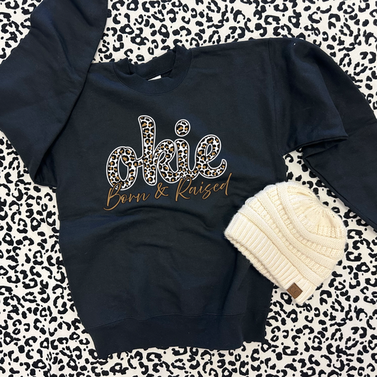 OKLAHOMA 2025: Okie Leopard Born & Raised *Gold Shimmer* (ULTIMATE SWEATSHIRT)
