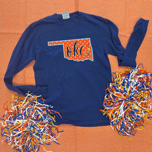 OKC SPIRIT 2025: Oklahoma State Shape "OKC" Script (COMFORT COLORS LONGSLEEVE)
