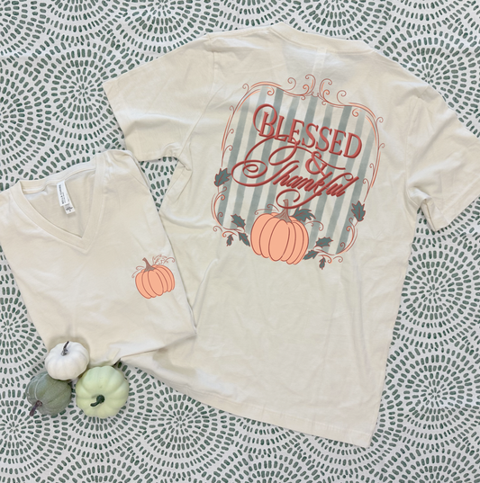 THANKSGIVING 2025: Blessed & Thankful Coquette Stripes (VNECK)