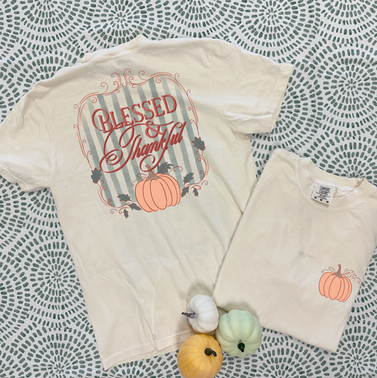 THANKSGIVING 2025: Blessed & Thankful Coquette Stripes (COMFORT COLORS SHORTSLEEVE)