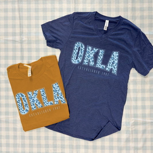 SWEET TEE TUESDAY: OKLA Fall Blue Leopard (BELLA CANVAS VNECK or CREW NECK)
