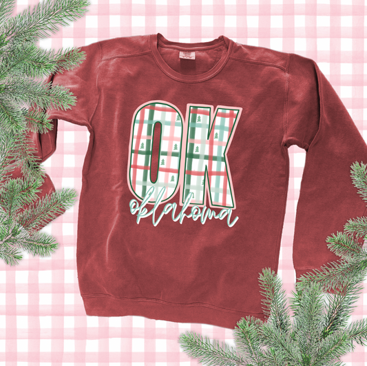 CHRISTMAS 2025: OK, Oklahoma Plaid & Christmas Trees (SWEATSHIRT)