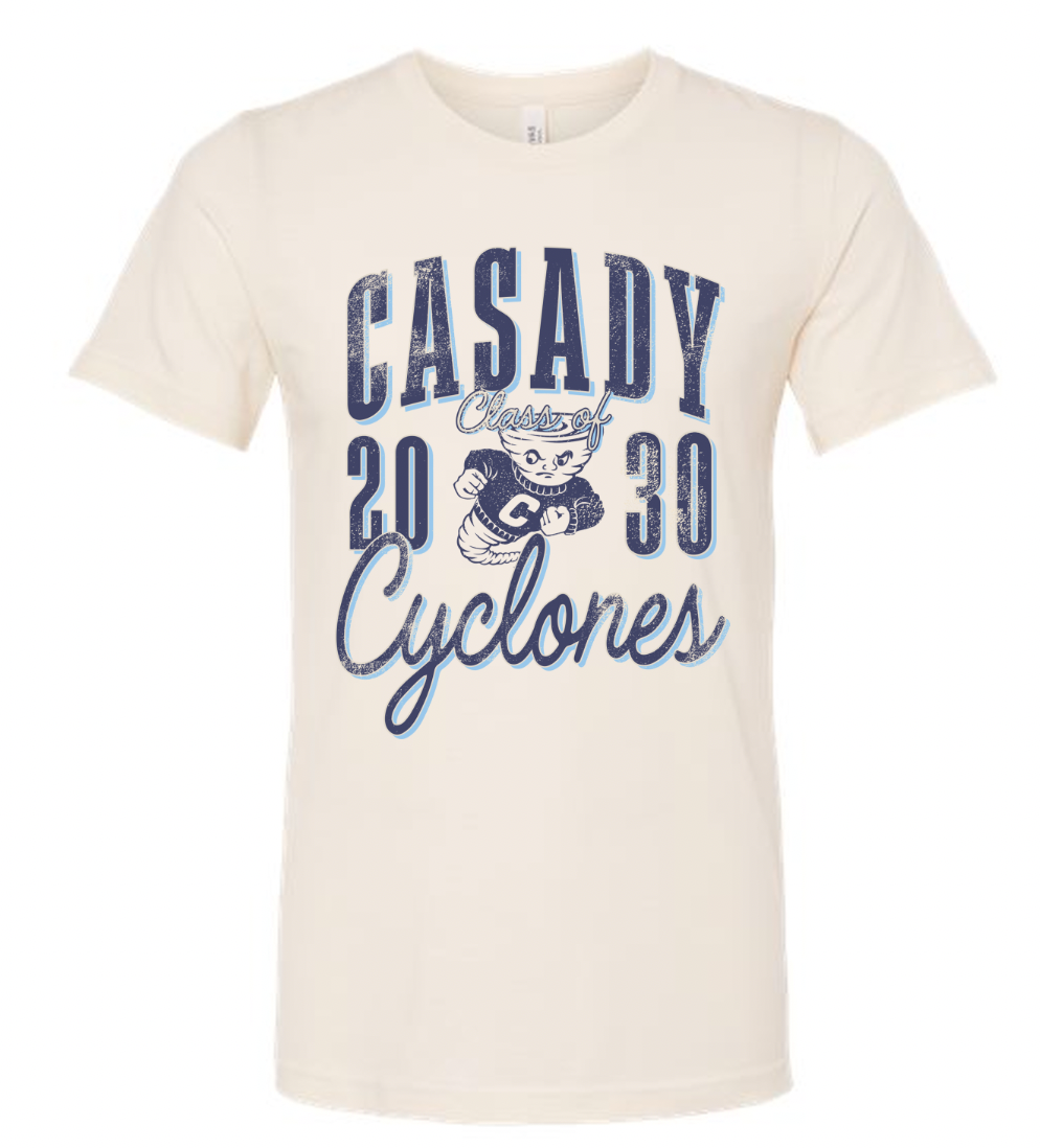 CASADY: Class of 2030, Vintage Casady Cyclones - Natural  (BELLA CANVAS CREW NECK)