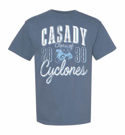 CASADY: Class of 2030, Vintage Casady Cyclones - Blue Jean (COMFORT COLORS SHORTSLEEVE)