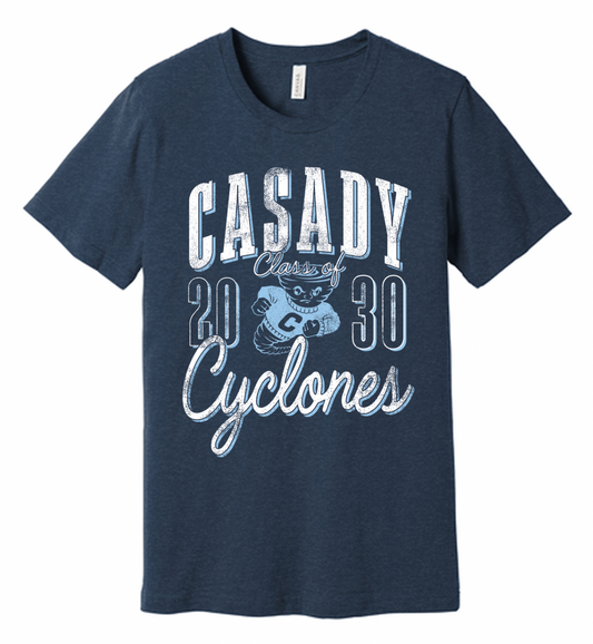 CASADY: Class of 2030, Vintage Casady Cyclones - Heather Navy (BELLA CANVAS CREW NECK)