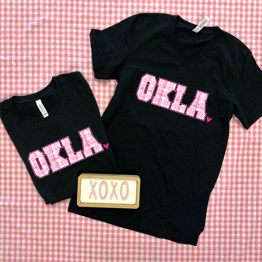 VALENTINE 2026: OKLA Pink Plaid & Heart (BELLA CANVAS VNECK or CREW NECK)