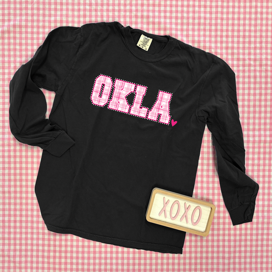 VALENTINE 2026: OKLA Pink Plaid & Heart (COMFORT COLORS LONGSLEEVE)