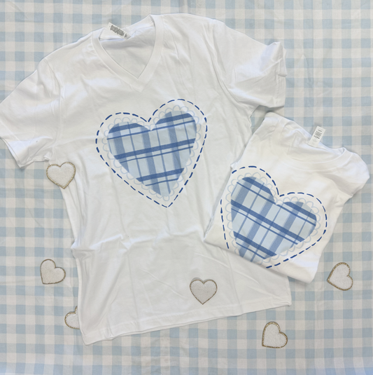 VALENTINE 2026: Chambray Gingham Heart (BELLA CANVAS VNECK or CREW NECK)