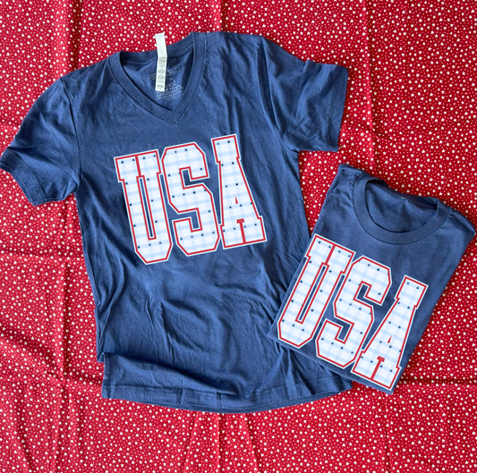 AMERICAN SPIRIT 2026: USA Gingham & Stars (BELLA CANVAS VNECK or CREW NECK)