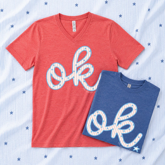 AMERICAN SPIRIT: OK SCRIPT STARS & STRIPES (BELLA CANVAS VNECK or CREW NECK)
