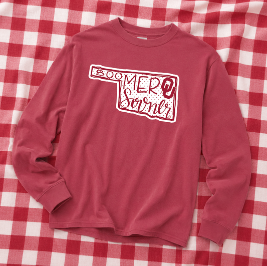 UNIV. of OKLAHOMA 2026: Boomer Sooner State Shape with Polkadots (COMFORT COLORS LONGSLEEVE)