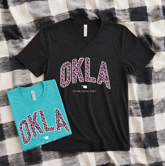 OKLAHOMA: OKLA SUMMER 1907 LEOPARD (BELLA CANVAS VNECK or CREW NECK)