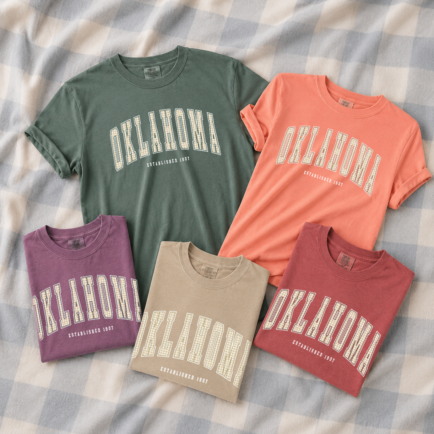 SWEET TEE TUESDAY: Oklahoma Arched Tan Buffalo Check (COMFORT COLORS SHORTSLEEVE or LONGSLEEVE)