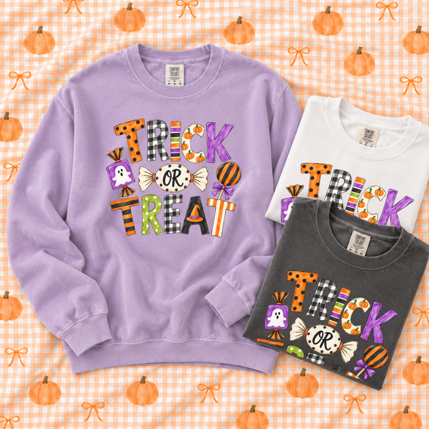 SWEET TEE TUESDAY: Trick Or Treat Mixed Patterns (COMFORT COLORS SWEATSHIRT)