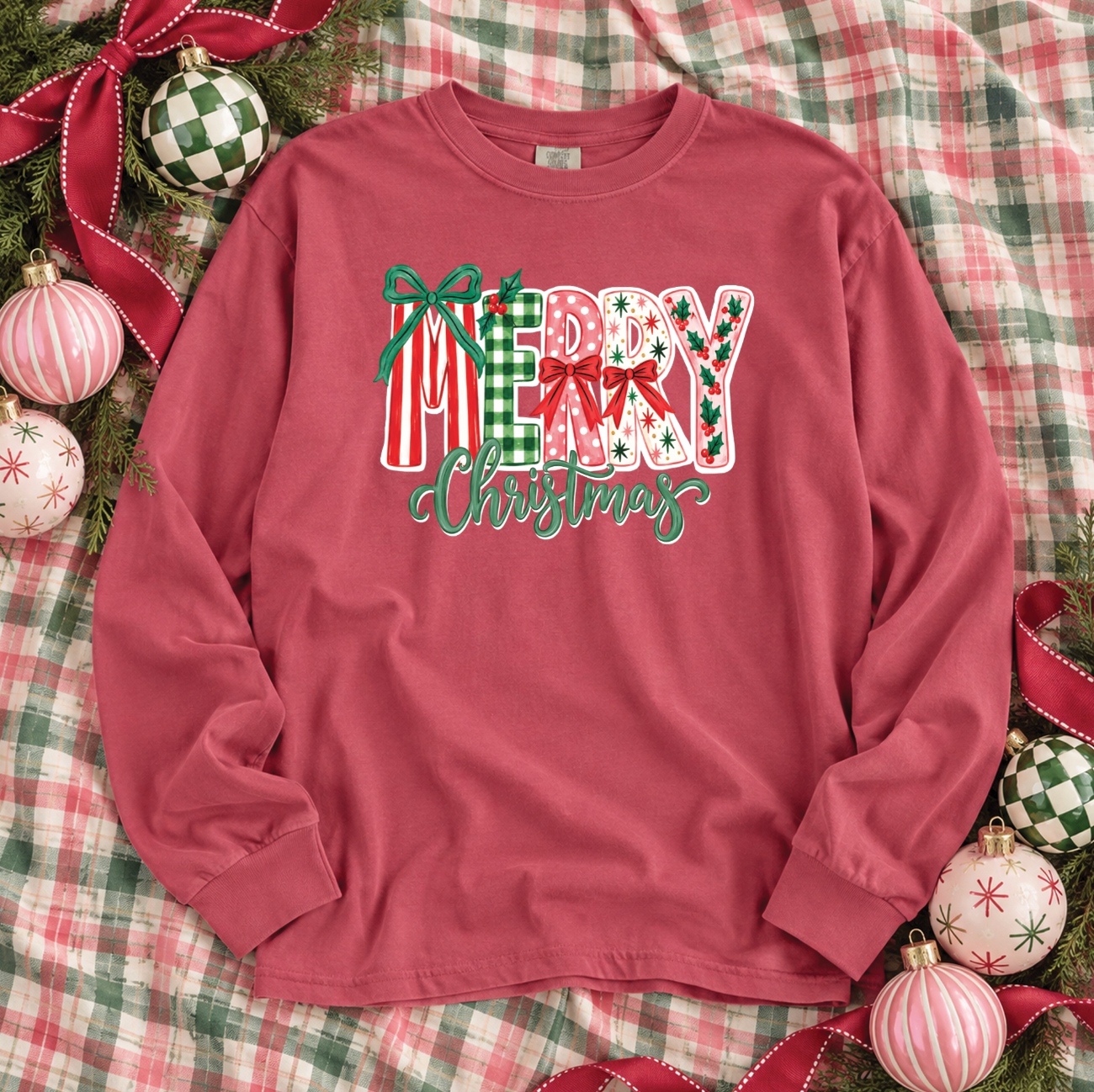 CHRISTMAS 2026: Merry Christmas Mixed Patterns (COMFORT COLORS SHORTSLEEVE or LONGSLEEVE)