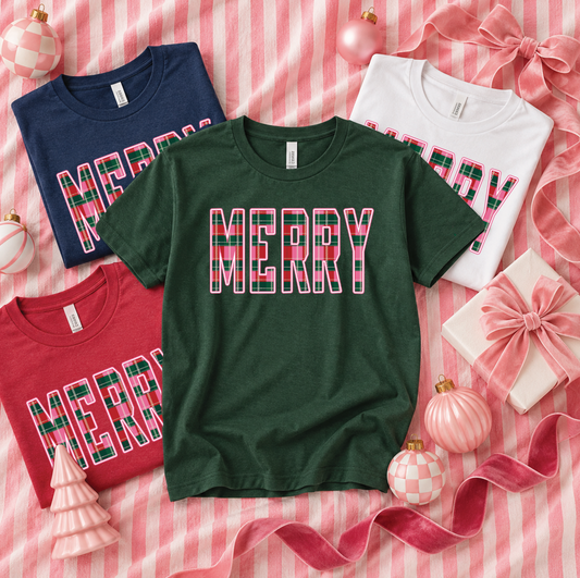CHRISTMAS 2026: "MERRY" Festive Plaid (BELLA CANVAS VNECK or CREW NECK)