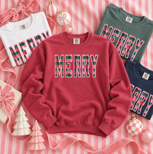 CHRISTMAS 2026: "MERRY" Festive Plaid (COMFORT COLORS SWEATSHIRT)