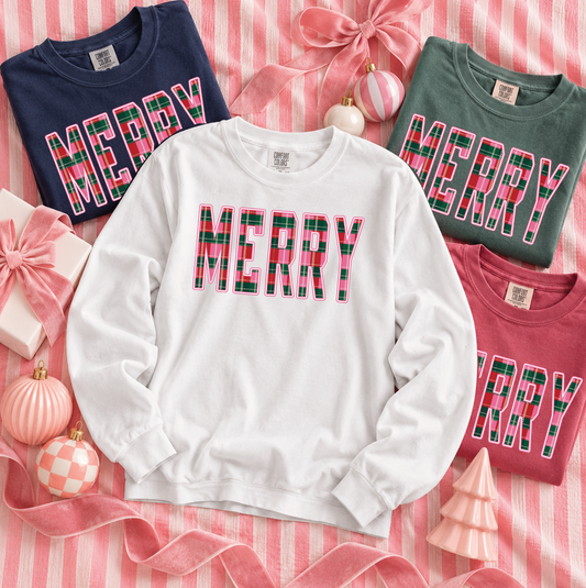 CHRISTMAS 2026: "MERRY" Festive Plaid (COMFORT COLORS SHORTSLEEVE or LONGSLEEVE)
