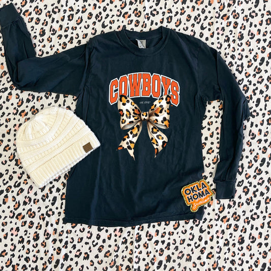 OK STATE 2025: Cowboys Leopard Bow (COMFORT COLORS LONGSLEEVE)