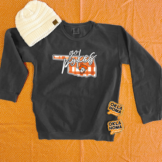 OK STATE 2025: Go Pokes Watercolor Plaid State (COMFORT COLORS SWEATSHIRT)