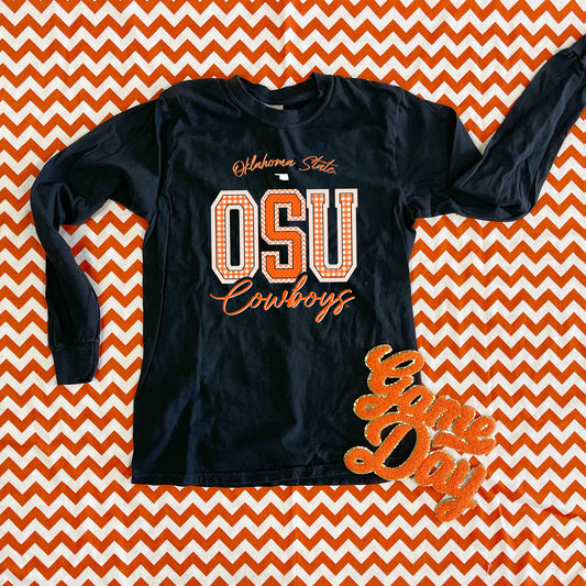 OK STATE 2025: OSU Mixed Pattern Gingham & Chevron (COMFORT COLORS LONGSLEEVE)
