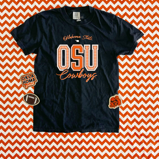 OK STATE 2025: OSU Mixed Pattern Gingham & Chevron (COMFORT COLORS SHORTSLEEVE)