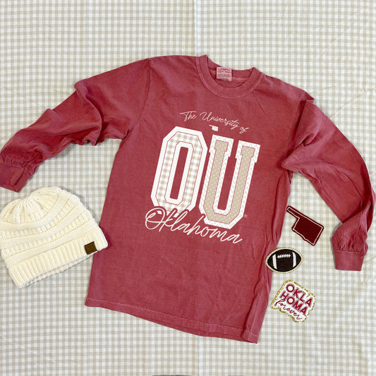 UNIV. OF OK 2025: OU Mixed Pattern Gingham & Chevron (COMFORT COLORS LONGSLEEVE)