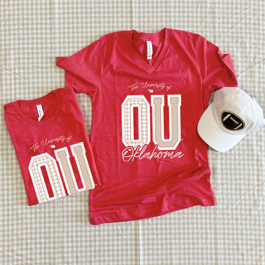 UNIV. OF OK 2025: OU Mixed Pattern Gingham & Chevron (BELLA CANVAS VNECK)