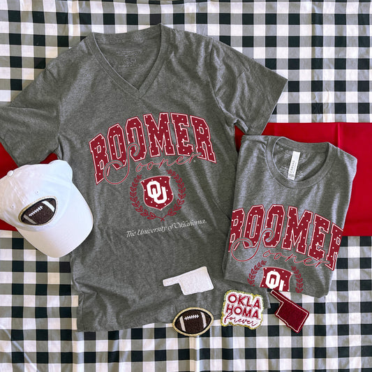 UNIV. OF OK 2025: Boomer Sooner Polkadot Vintage Collegiate (BELLA CANVAS VNECK)