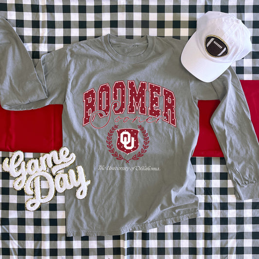 UNIV. OF OK 2025: Boomer Sooner Polkadot Vintage Collegiate (COMFORT COLORS LONGSLEEVE)