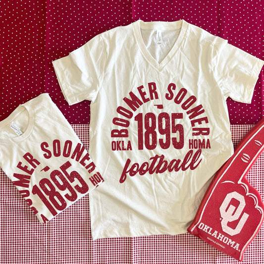 UNIV. OF OK 2025: Boomer Sooner Vintage Arch Text (BELLA CANVAS VNECK)