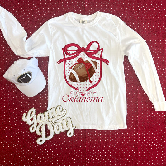 UNIV. OF OK 2025: Polkadot Crest & Football (COMFORT COLORS LONGSLEEVE)