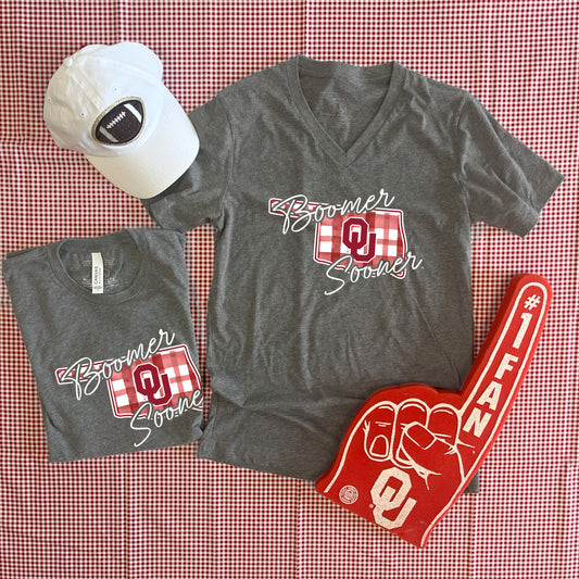 UNIV. OF OK 2025: Boomer Sooner Watercolor Plaid State (BELLA CANVAS VNECK)