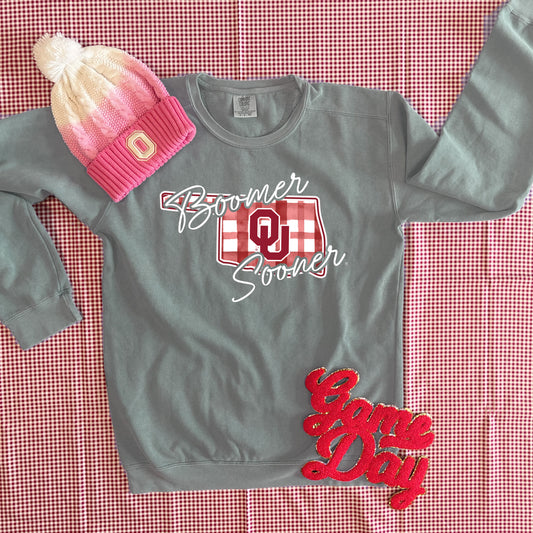 UNIV. OF OK 2025: Boomer Sooner Watercolor Plaid State (COMFORT COLORS SWEATSHIRT)