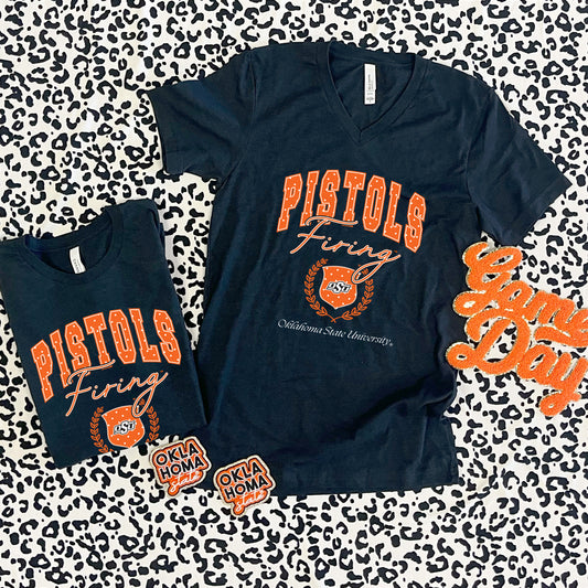 OK STATE 2025: Pistols Firing Polkadot Vintage Collegiate (BELLA CANVAS VNECK)