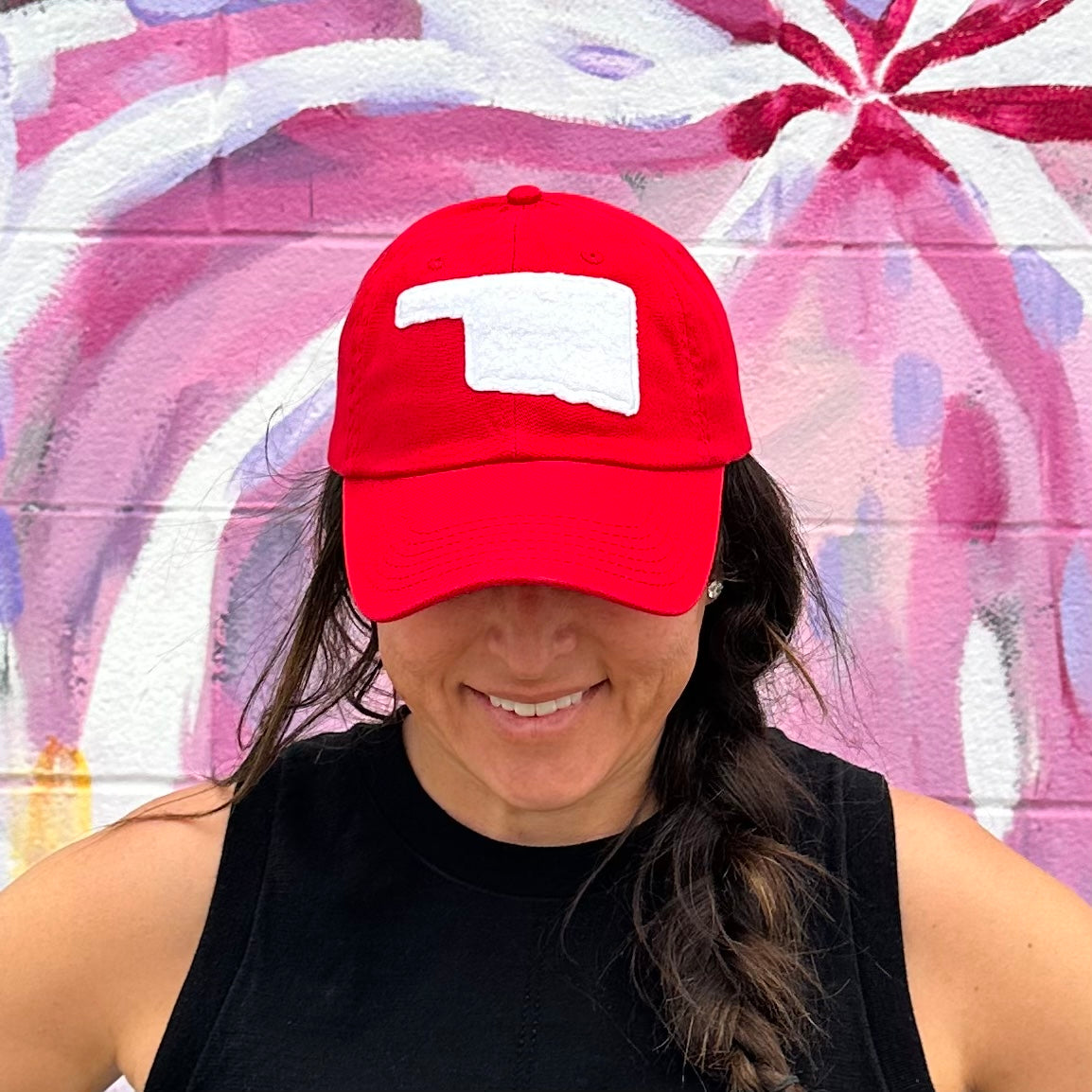 Oklahoma White Chenille Patch Hat - RED