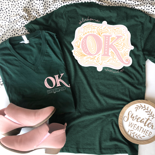 OKLAHOMA 2022: OK Mustard & Pink Chalk Art (VNECK or CREW NECK)