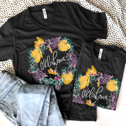 OKLAHOMA 2022: Emerald & Mustard Fall Floral Wreath (VNECK or CREW NECK)