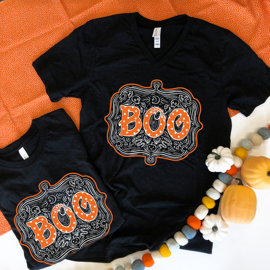 HALLOWEEN: BOO Chalk Art & Polkadots (VNECK or CREW NECK)