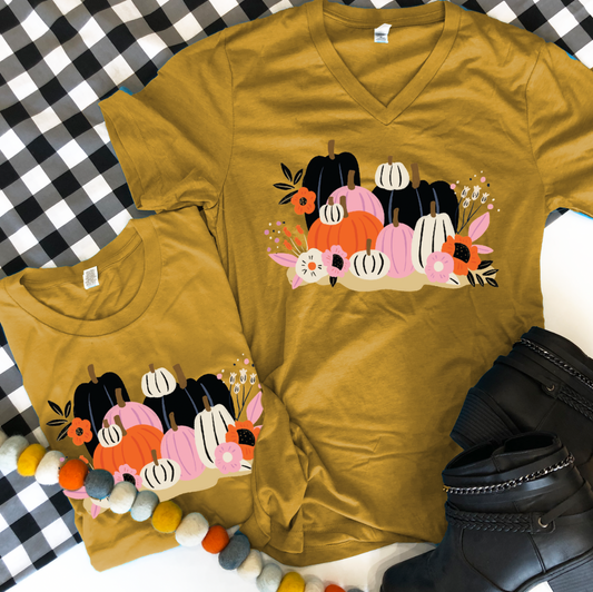 THANKSGIVING: Pumpkins & Flowers (VNECK or CREW NECK)